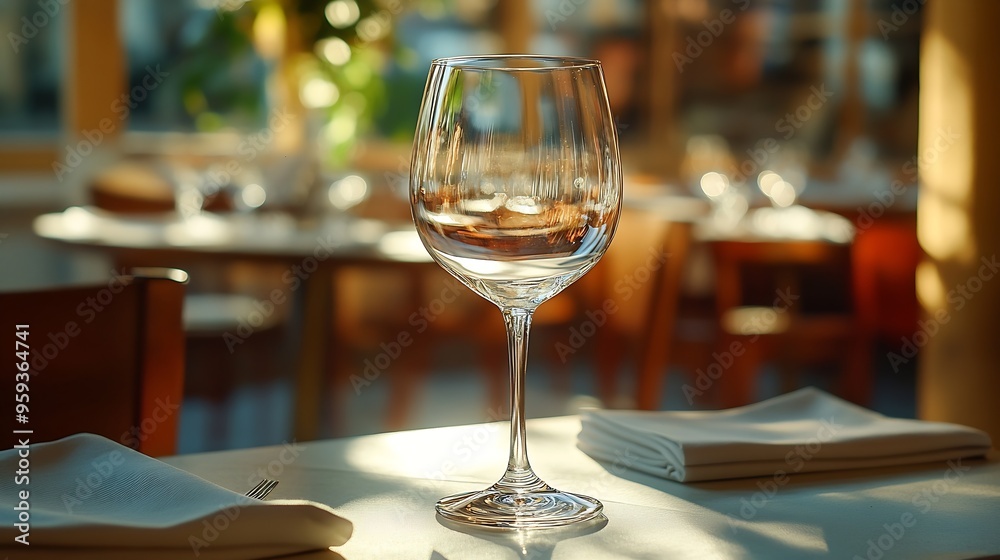 Poster the transparent glass stands on a table against the backdrop of a restaurant cloth napkins elegant s