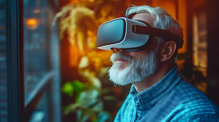 Senior man wearing VR headset, looking upwards with a thoughtful expression.