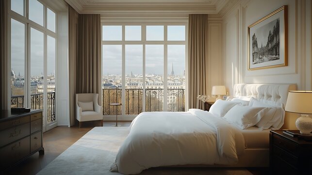 Interior of classic modern bedroom of a hotel or apartment condominium with beautiful views of Paris cityscape : Generative AI