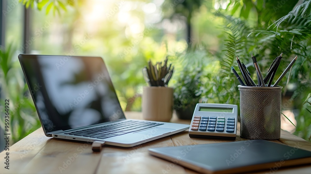 Aufkleber Workspace relaxing chill out work for office and laptop computer Calculator and other stationary on wood table with green garden background  working concept : Generative AI