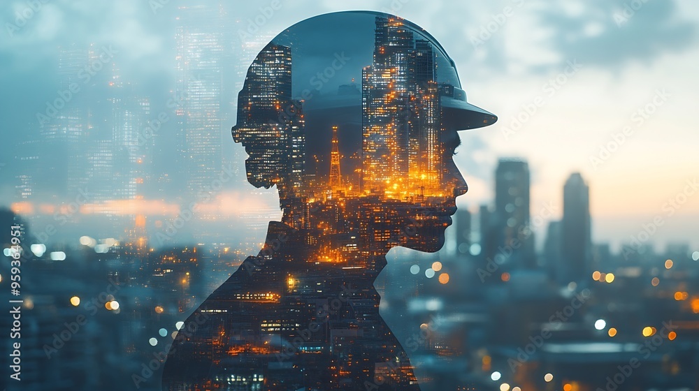 Aufkleber The double exposure image of the engineer thinking overlays with cityscape image with copy space The concept of engineering construction futuristic and industry : Generative AI
