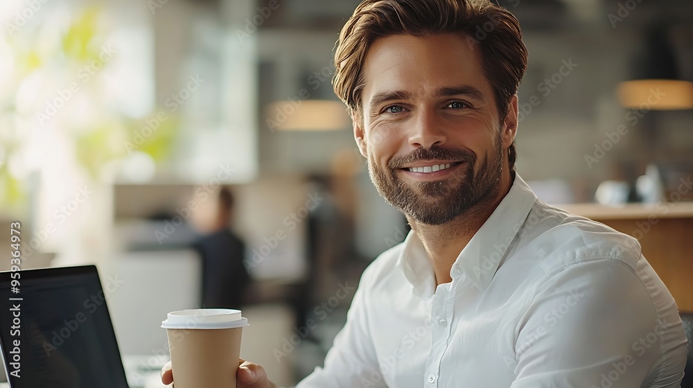 Aufkleber Handsome smiling businessman drinking coffee and using laptop in office checking emails on computer sitting at desk free space : Generative AI