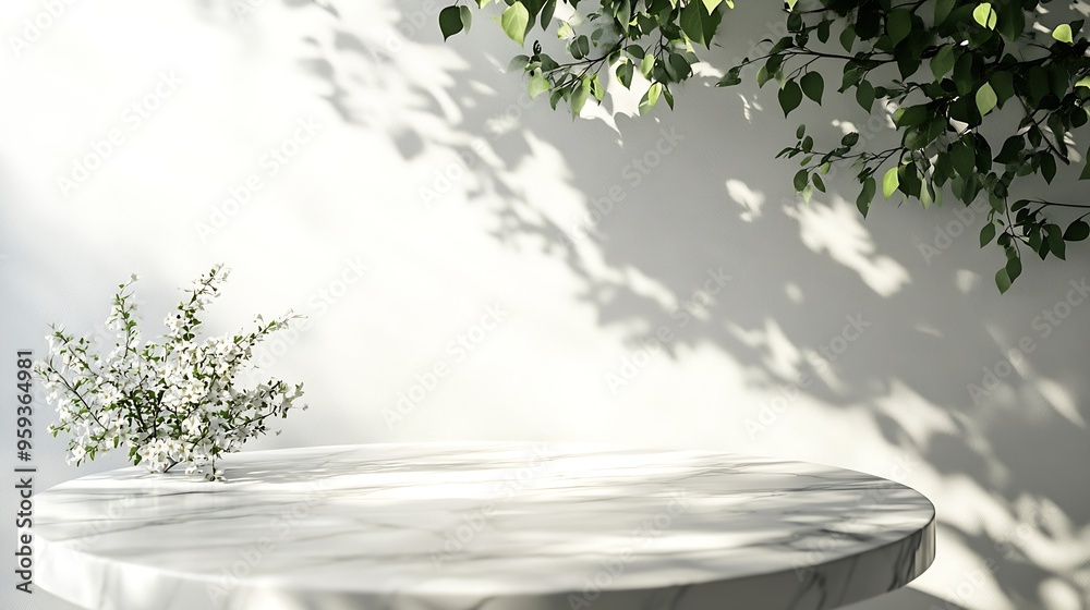 Fototapete round marble table top with tree leaves shadow drop on white wall background for mockup product disp