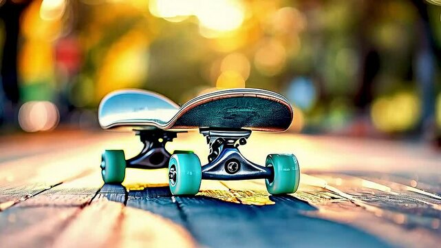 a skateboard  and  a helmet  on  a wooden deck