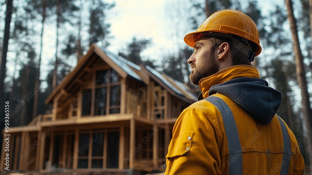 Poster worker building wooden twostory house near the forest man in work clothes and hard hat reviewing the