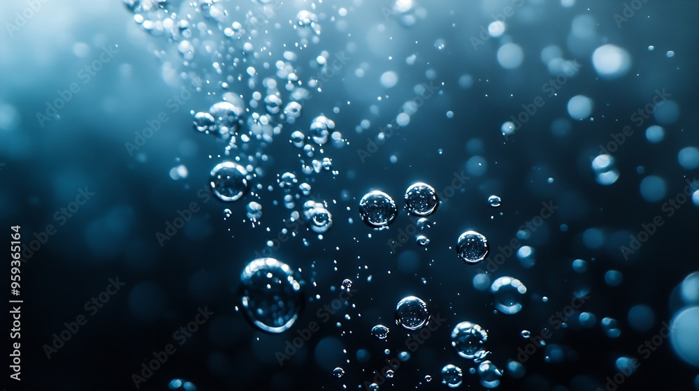 Aufkleber Shiny air bubbles underwater rising from bottom and illuminated by rays of light Stream of oxygen bubbles on a black isolated background Close up of a bubbling liquid during aeration o : Generative AI