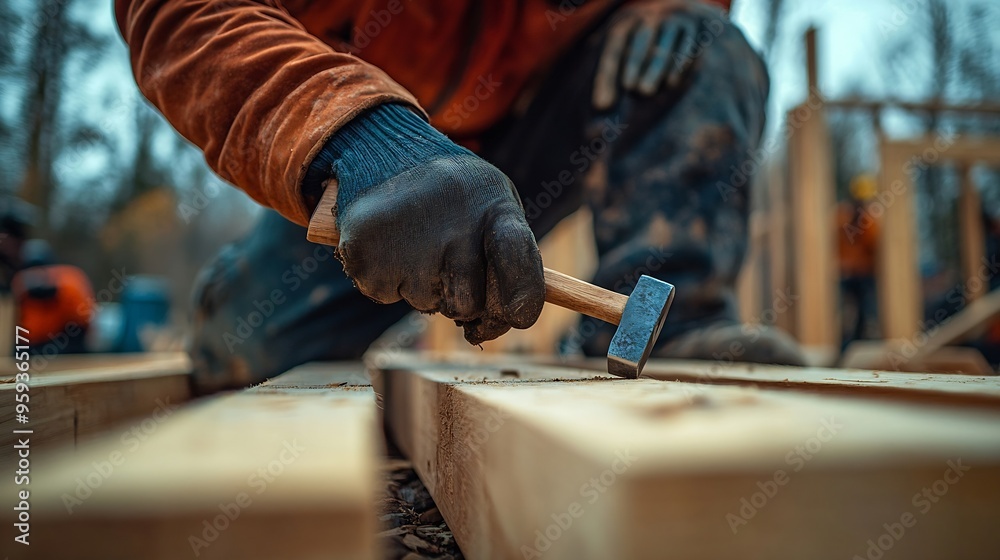 Poster man worker building wooden frame house on pile foundation carpenter hammering nail into wooden joist