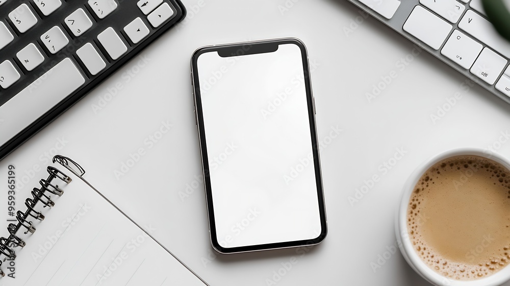 Aufkleber Flat lay mobile phone with empty screen coffee cup notepad and keyboard on white table Top view with copy space : Generative AI