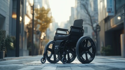 Adaptive mobility technology, smart wheelchairs with AI navigation, urban environment, sleek and modern design, advanced sensors, safe and efficient travel