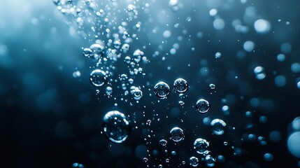 Shiny air bubbles underwater rising from bottom and illuminated by rays of light Stream of oxygen bubbles on a black isolated background Close up of a bubbling liquid during aeration o : Generative AI