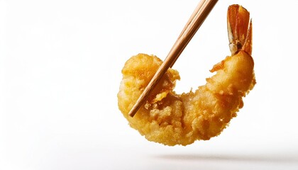 Shrimp tempura lifted with chopsticks against on white background isolated