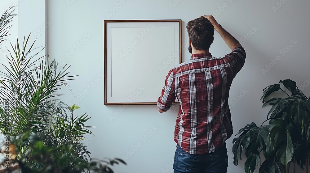Poster man hanging picture frame on white wall at home : generative ai