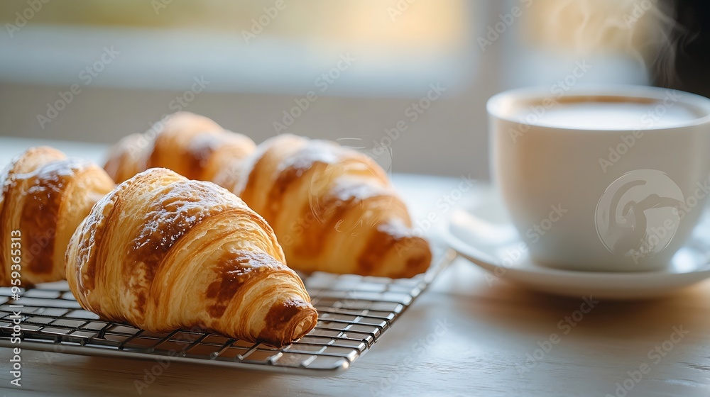 Poster breakfast view a bunch of croissant on a cooling rack and a cup of coffee cozy home cafe vibe with w