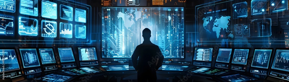 Poster a lone figure stands before a futuristic control room with multiple screens displaying data and anal
