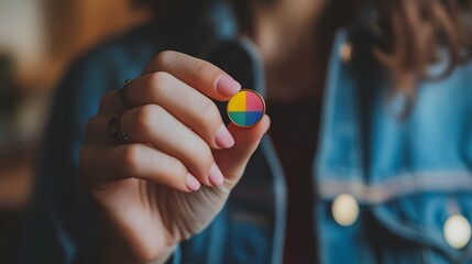 A close-up of a person holding a mental health awareness pin
