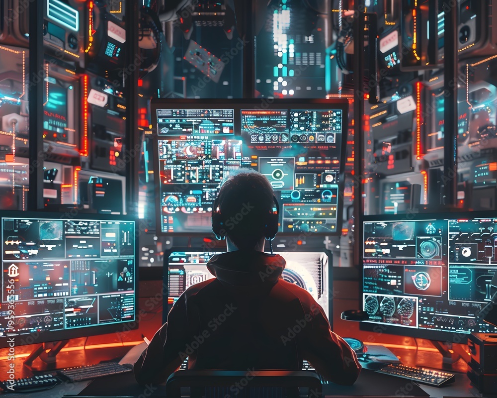 Poster a person interacts with multiple digital screens, immersed in data analysis and technology, showcasi