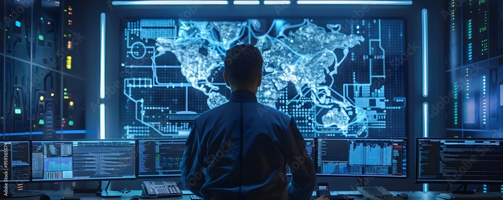 Poster a person monitors a digital map on a futuristic display in a high-tech control room, focusing on glo