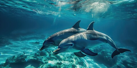 Fototapeta premium Bottlenose Dolphin Mother and Calf Swimming in the Deep Blue