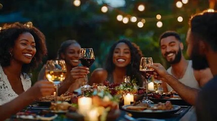 Cheerful diverse group celebrating with wine toast at alfresco dinner Multicultural friends gathered around table with appetizers enjoying outdoor meal in garden setting : Generative AI