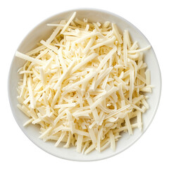 Mozzarella cheese shredded in a white bowl top view isolated on transparent white background, clipping path