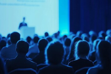 Audience at an event watching presenters on stage, with blue hues and a blurred background, creating depth. Web banner with copy space on the right side.