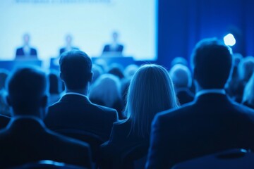 Audience at an event watching presenters on stage, with blue hues and a blurred background, creating depth. Web banner with copy space on the right side.