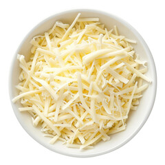 Mozzarella cheese shredded in a white bowl top view isolated on transparent white background, clipping path