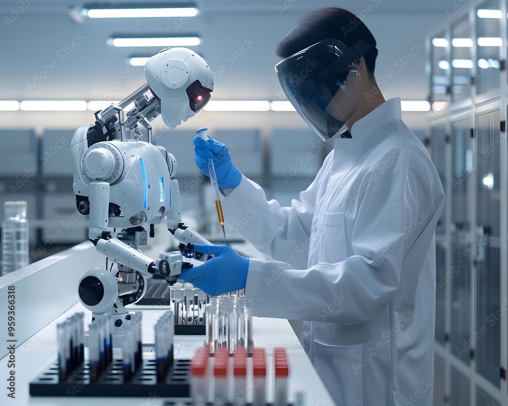 Poster a scientist in a lab coat interacts with a robotic arm, conducting experiments in a high-tech labora