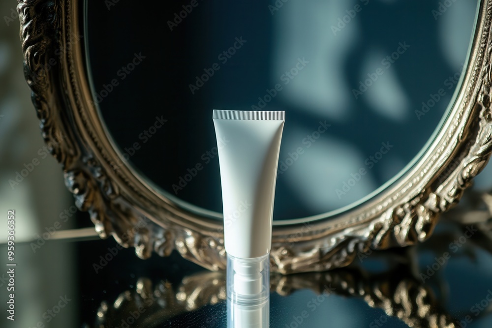 Poster a tube of cream is placed in front of an ornate mirror, its reflection highlighted by gentle morning