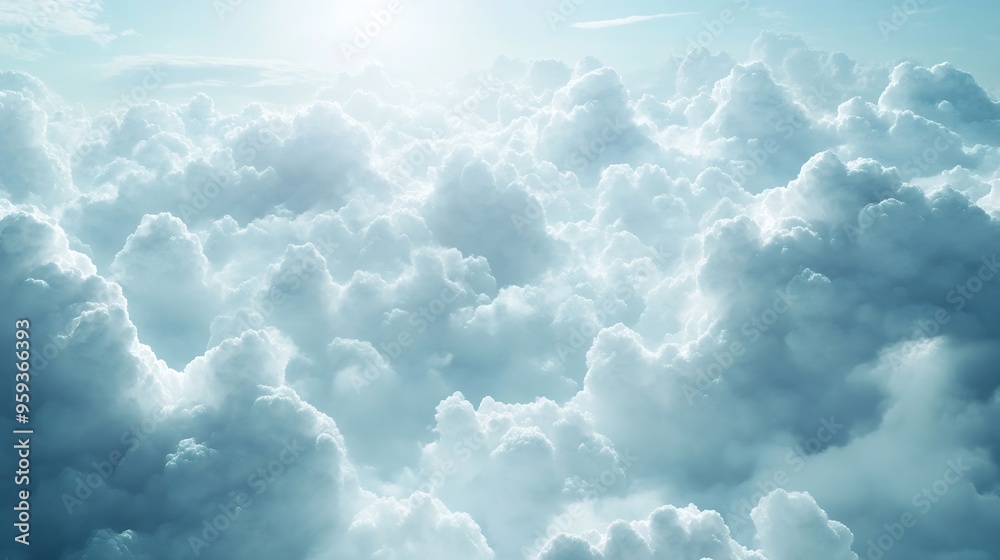 Poster white and grey cumulus clouds floating in sunny sky after storm with natural sunlight dramatic cloud
