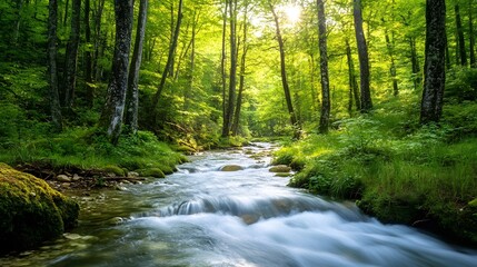 A tranquil river flowing through a forest, symbolizing peace and calm