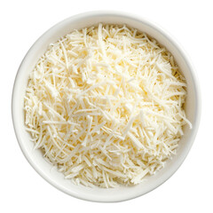 Mozzarella cheese shredded in a white bowl top view isolated on transparent white background, clipping path