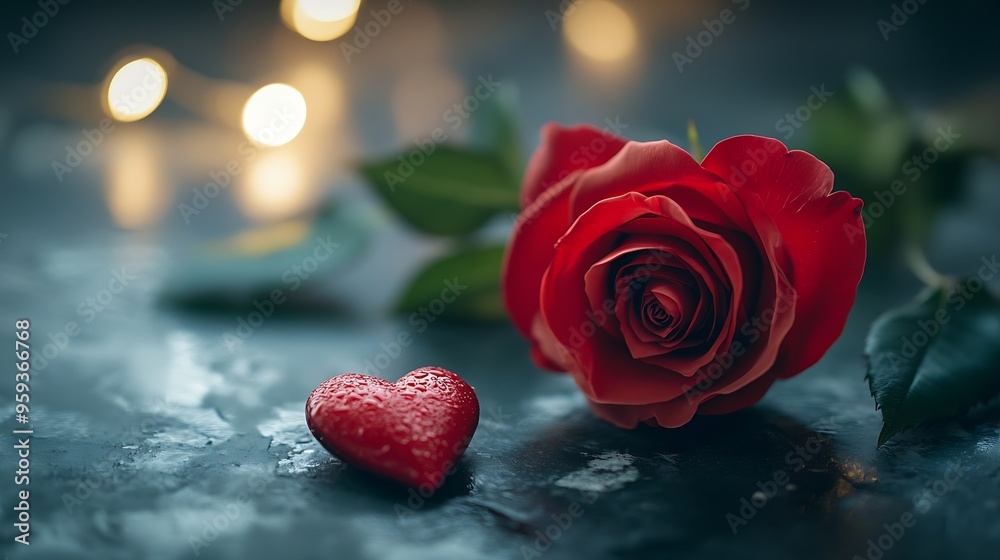 Poster valentine day composition with rose flower and red heart on table top view flat lay copy space holid