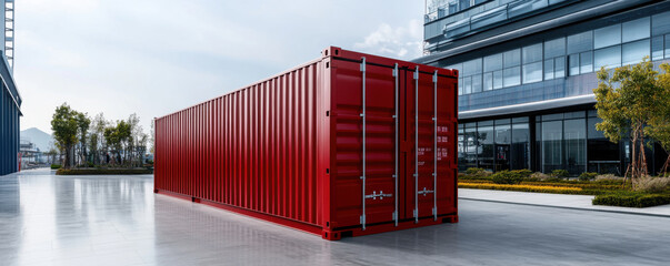 Fototapeta premium A single red shipping container placed outdoors in a modern industrial complex, with buildings and trees in the background.