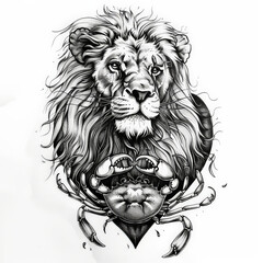 Obraz premium lion, crab, heart, vector, animal, head, lion, tattoo, cat, face, illustration, wild, art, logo, design, black, tribal, mammal, silhouette, predator, feline, symbol, power, drawing, mascot, wildlife, 