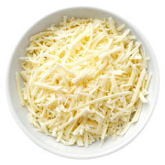 Mozzarella cheese shredded in a white bowl top view isolated on transparent white background, clipping path