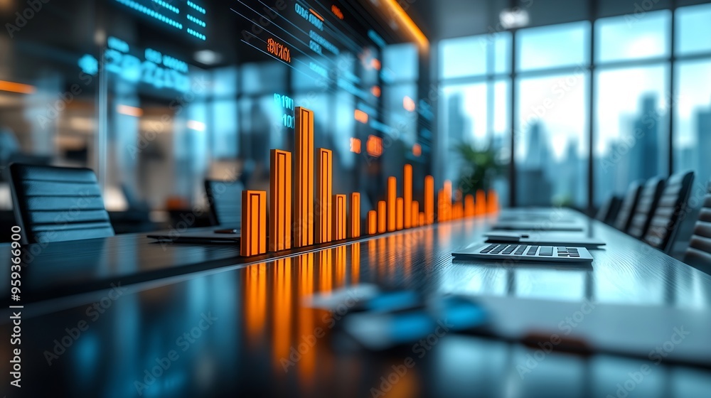 Poster Image of bar graph representing growth over empty chairs and table arranged in conference room Digital composite business report chart profit progress furniture meeting office : Generative AI