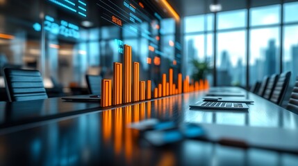 Image of bar graph representing growth over empty chairs and table arranged in conference room Digital composite business report chart profit progress furniture meeting office : Generative AI