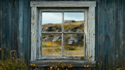 Exterior of wooden window frame without glass in abandoned old hut Iceland : Generative AI