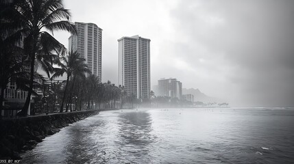 Black and White View of Waikiki Hawaii in a Rain Shower : Generative AI