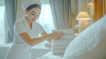 Naklejka premium Maid putting stack of fresh white bath towels on the bed sheet Room service maid cleaning hotel room Maid making bed in hotel room Change of towels in the hotel room : Generative AI