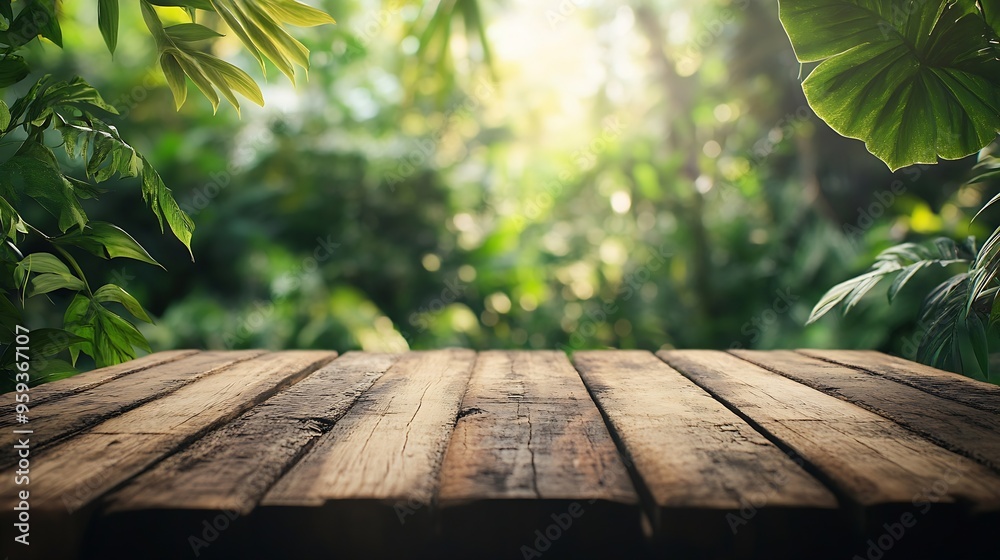 Fototapete empty wood table top with blur background of tropical jungle in summer green the table giving copy s