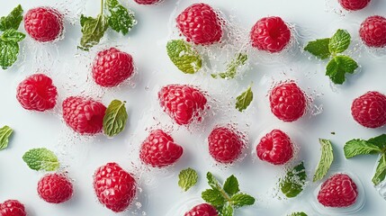 Fresh raspberries and mint leaves arranged artistically with bubbles for a vibrant display.