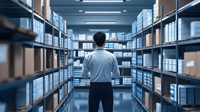 Healthcare Administrator Overseeing Organized Hospital Storage Room with Systematic Supply Chain