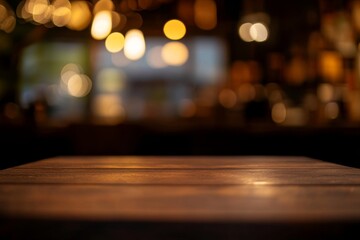Blurred wooden table with bokeh lights in a bar or cafe setting, offering a perfect backdrop for product display presentation, with ultra-photorealism and professional color grading.