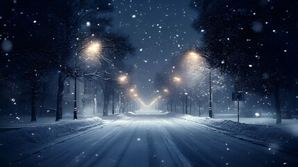 Snowy street with street lights and falling snow.