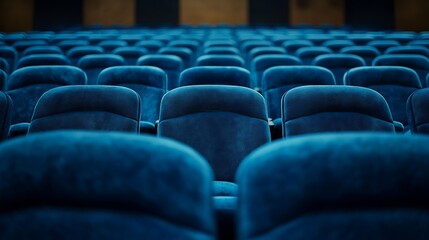 Fototapeta premium Full frame of blue velvet seats in empty auditorium at conference hall : Generative AI