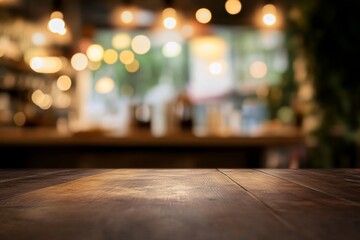 Fototapeta premium Blurred wooden table with bokeh lights in a bar or cafe setting, offering a perfect backdrop for product display presentation, with ultra-photorealism and professional color grading.