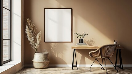 Aesthetic composition of living room interior with mock up poster frame wooden desk rattan chair black rack vase with branch books brown wall and office accessories Home decor Template : Generative AI