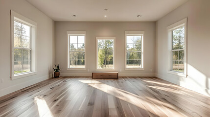 Spacious empty room with large windows, hardwood floors, and natural light streaming in.